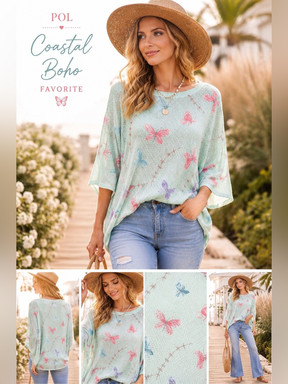 POL Butterfly Open Knit Blouse Top Lightweight 3/4 Sleeve NIP-Mint A21